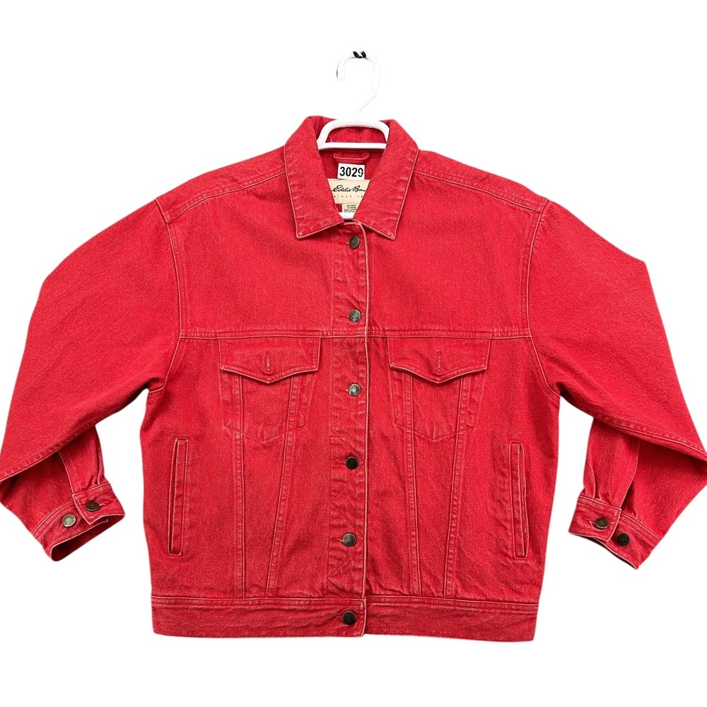 Eddie Bauer Denim Jacket Women S Red Trucker Jean Button Front Classic Coat